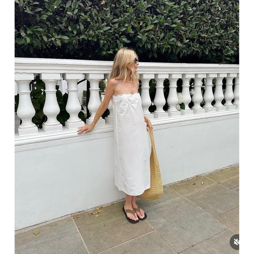 Zara Linen Midi Dress medium White New Embroidered Scallop Spaghetti Strap - Picture 2 of 16
